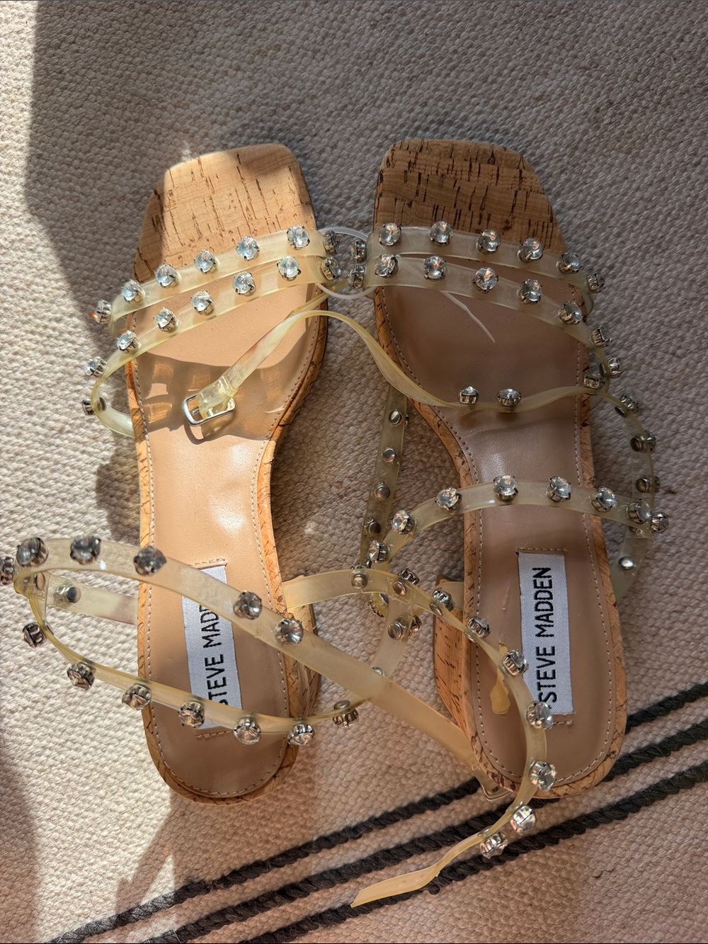 Steve Madden Clear Strappy Sandals with Rhinestone Accents in Nude